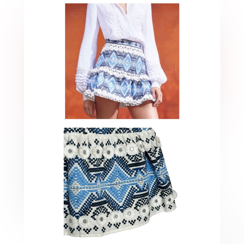 Alexis Embroidered Mini Skirt Lucille Western Scandi Boho Blue White SZ Medium - Picture 2 of 16
